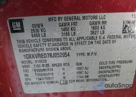 2011 GMC Acadia Slt-1 from USA, damaged, VIN 1GKKVRED7BJ252954